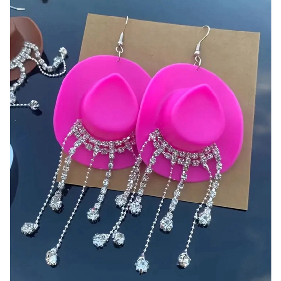 Pink Cowboy Hat Rhinestone Dangle Earrings - Picture 2 of 4